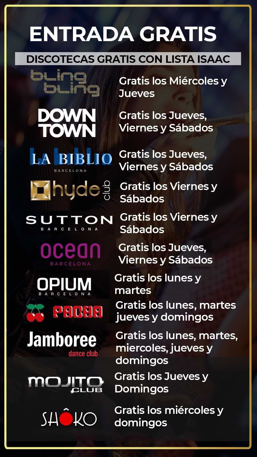 discotecas gratis lista isaaac